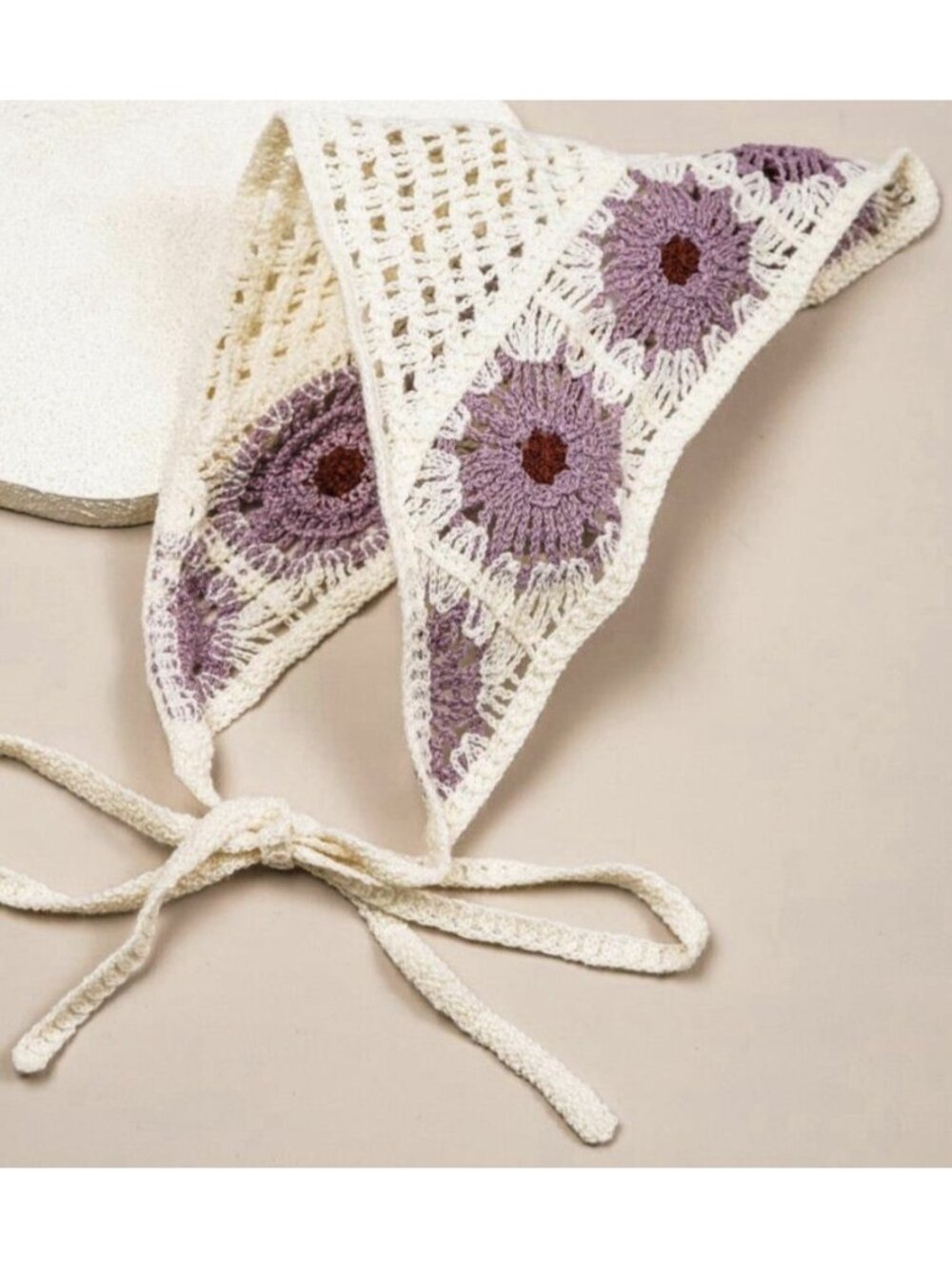 Crochet Bandana Hair Scarf Purple Floral Grandmacore  Cottagecore Hippie Boho